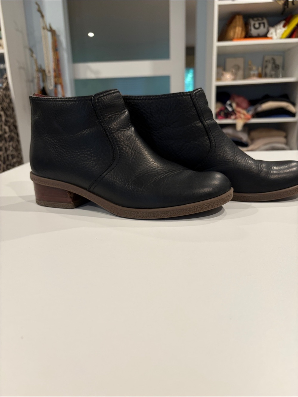 Dansko Black Leather Ankle Booties with Brown Low Heel